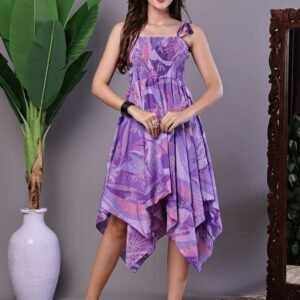 Women's Purple Printed Cotton Handkerchief Hem Midi Dress