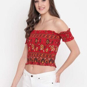 Women's Rayon Printed Off-Shoulder Smocked Crop Top Short Sleeve Casual Styles Tank Top (FREE SIZE) Multi6