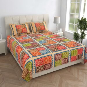 Rajasthani Traditionally Printed Cotton Doublebed Bedsheet With Pack of 2 Pillow Covers